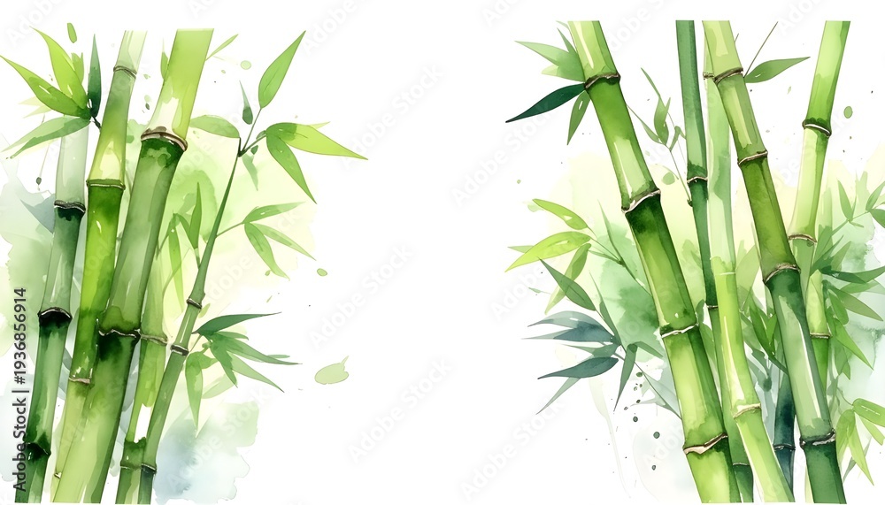 Obraz premium Watercolor Green Bamboo Stems and Leaves on White Background