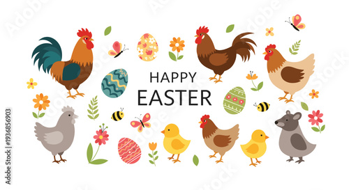 Happy Easter greeting card features roosters, hens, chicks, colorful eggs, butterflies, and spring flowers on a white background for a celebration.