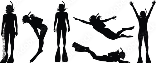 Set of black silhouettes featuring scuba divers and snorkelers in various swimming and diving poses for summer underwater sports design
