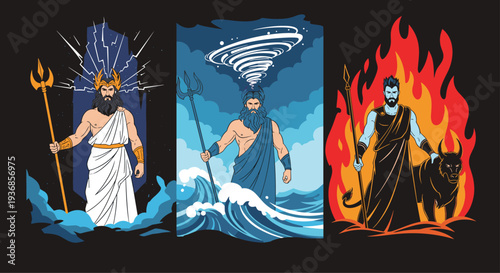 Three powerful Greek gods representing the realms of sky, sea, and underworld are depicted with their iconic symbols and elements in a dynamic set.
