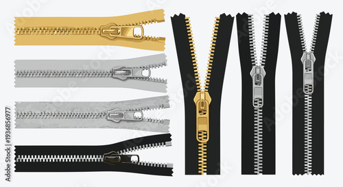 Collection of metal and plastic zippers in various colors and states including open, closed, and partially unzipped on fabric strips for tailoring.