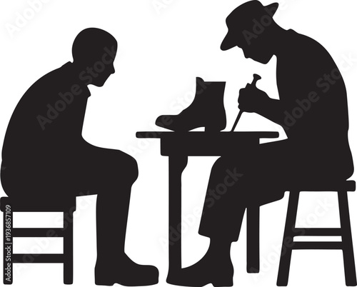 Shoemaker mending boot for customer seated on stool in workshop