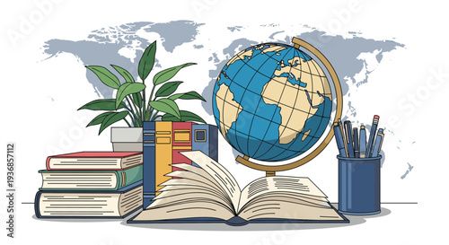 Educational scene displays a world globe, stacks of hardcover books, a potted plant, and pens against a blue world map background for learning.