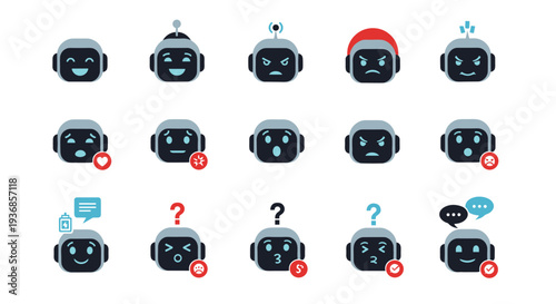Large set of robot head emojis displays a wide range of emotions and functional status icons for digital communication and mobile app interfaces.