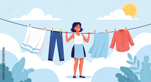 Happy woman hangs her clean laundry on a clothesline in the backyard under a bright sun and blue sky with fluffy white clouds on a beautiful day.