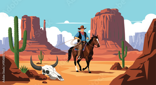 Rugged cowboy on a brown horse rides through a classic western desert landscape featuring giant cacti, red rock mesas, and a cow skull on the ground.