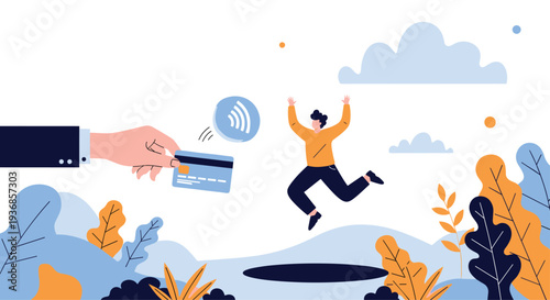 Joyful man jumps high in the air in a park setting as a hand extends a credit card, symbolizing financial freedom and easy digital payments.
