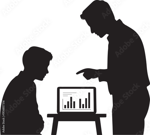 Boss reprimanding subordinate over financial data on laptop