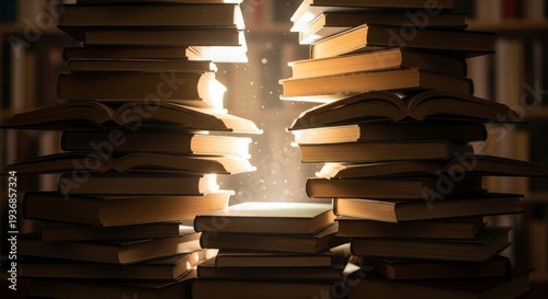 Magical light beams through stacks of open books, illuminating dust motes in a library.