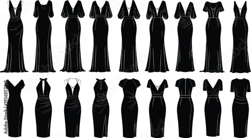 Set of elegant black dress silhouettes featuring evening gowns and cocktail dresses for fashion design isolated on white background