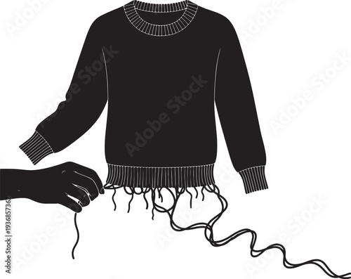 Hand sewing unraveling sweater, thread pulling loose stitches, fashion repair, clothing care, textile work, DIY project, mending, knitted garment, creative process, fiber art