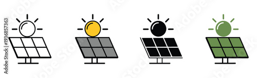 Solar energy icons set featuring sun and solar panel illustrations in multiple styles including outline