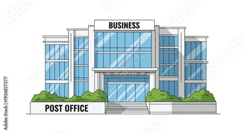 Modern commercial building with large glass windows is labeled as a Post Office and Business center surrounded by green bushes on a bright day.