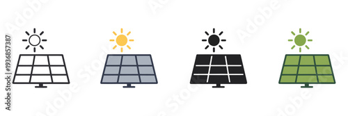 Solar energy icons with sun and solar panel symbols in outline, solid, and colored styles, representing renewable energy, green power, sustainability, and eco-friendly design