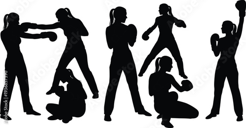 Set of Female Boxer Silhouettes in Various Dynamic Poses Including Punching, Guarding, and Resting for Fitness, Sports, and Martial Arts Designs