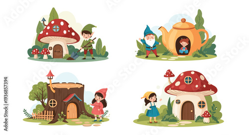 Enchanting set of four fairy tale scenes features tiny elven characters living in mushroom houses and a giant teapot in the magical forest.
