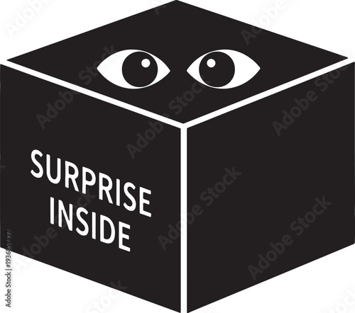 Black box with eyes peering from top and text surprise inside in stencil style on front panel isolated on transparent background for mystery concept