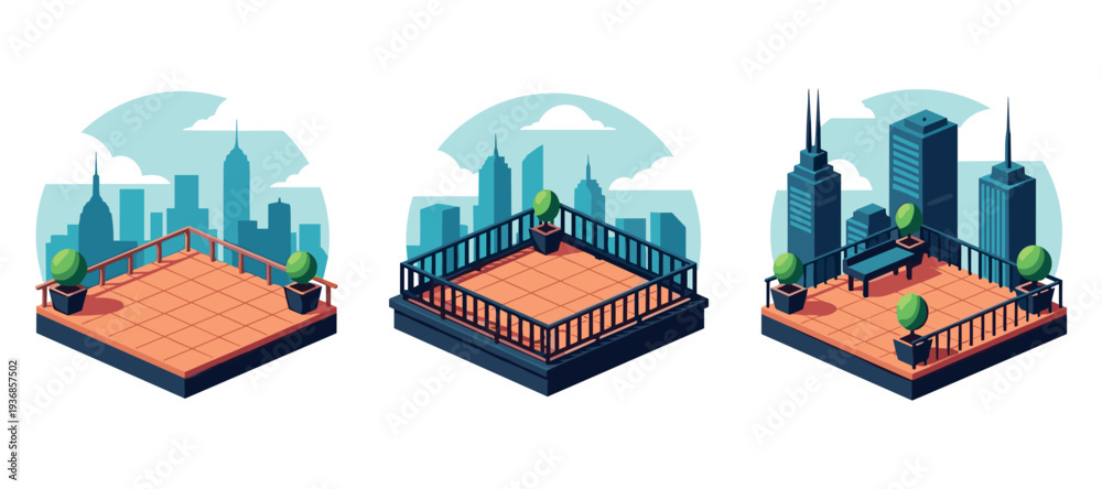 Fototapeta premium Rooftop terraces overlooking isometric city skyline scene
