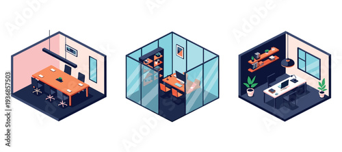 Isometric office interiors showing meeting and workspace setups