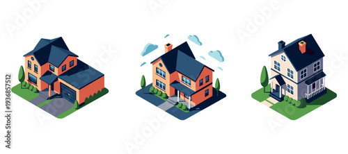 Three detached houses in isometric view on white background