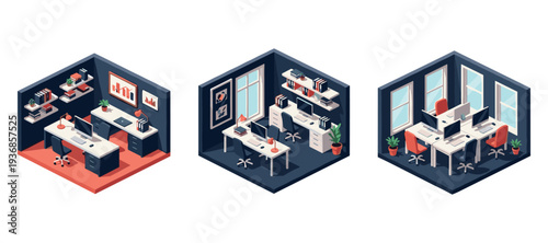 Modern office desks set up for teamwork in bright interiors