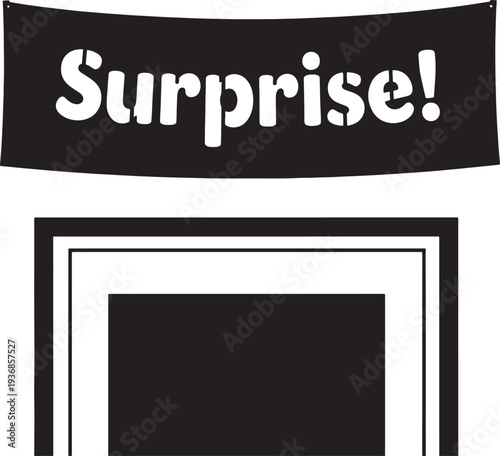 Surprise banner hanging over empty framed space with stencil text effect isolated on transparent background for celebration and announcement design