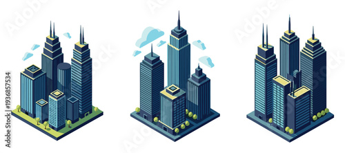 Isometric cluster of skyscrapers and office towers on blocks