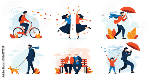 Collection of people enjoying various autumn activities like biking, dancing in fallen leaves, walking the dog, and strolling with red umbrellas.