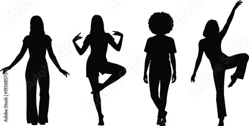 Set of four diverse women silhouettes posing in casual clothing showing confidence movement and happiness isolated on a white background