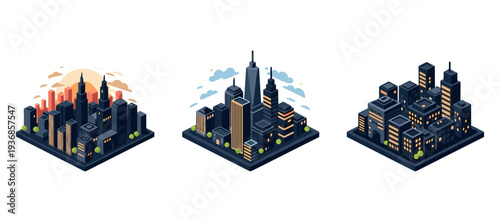 Isometric miniature city blocks showing urban neighborhood layouts