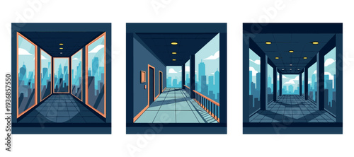 Office corridor overlooking city skyline through glass windows