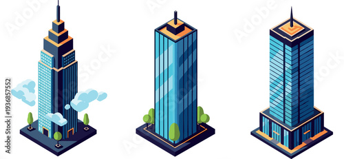 Three skyscrapers standing on separate urban base platforms