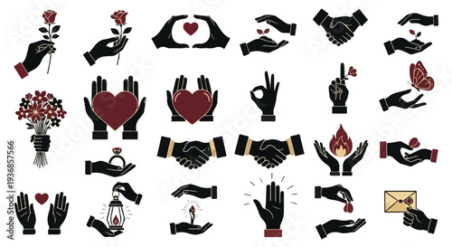 Collection of Silhouette Hands Gestures Icons: Love, Support, Care, Friendship, Giving, Receiving, Hope, Romance, Marriage, Celebration
