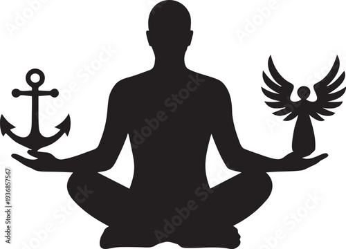 Yoga practitioner balancing anchor and angel symbols in lotus pose