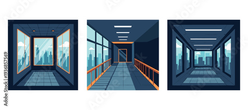 Office corridor and window views overlooking urban skyline interiors