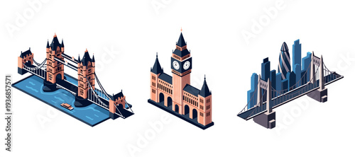 London landmarks arranged in isometric style on white background