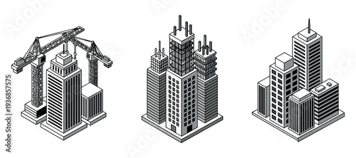 Construction crane and skyscraper buildings rising on white pad