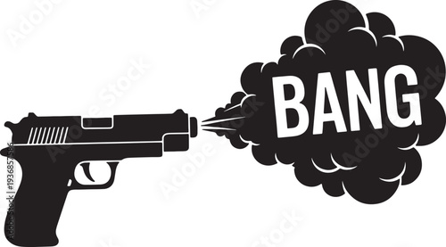 Handgun firing with smoke cloud and bang text in comic style silhouette isolated on transparent background for action and loud noise concept design