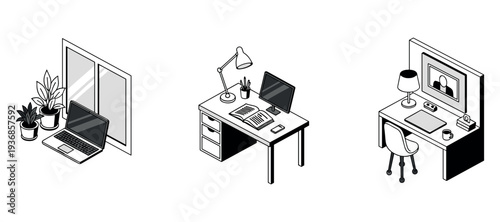 Home office desk setups with laptop and plants in white