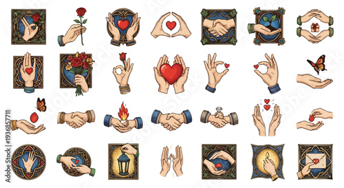 Collection of Hands Gestures Symbolizing Love, Care, Support, Connection, and Protection