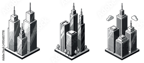 Cluster of skyscraper buildings depicted as isometric city blocks
