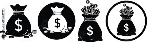 Four money bags with dollar signs and coins illustrating financial concepts