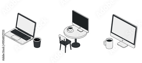 Multiple workstations arranged with devices on white background