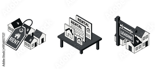 Residential houses showing rental signs on white background