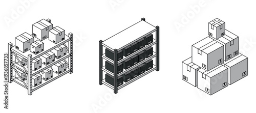 Warehouse shelving and stacked boxes shown in isometric layout