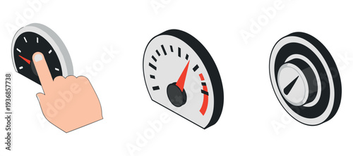Finger pressing gauge indicating speed and control on white background