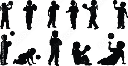 Set of little girl silhouettes wearing red water armbands for swimming safety in various standing poses isolated on a white background