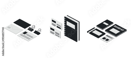 Corporate stationery and notebooks arranged with branding materials