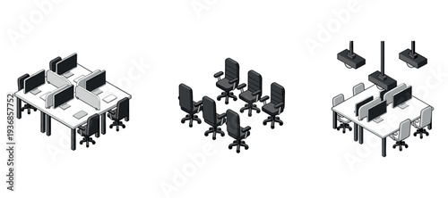 Office workstations arranged with chairs in open plan layout