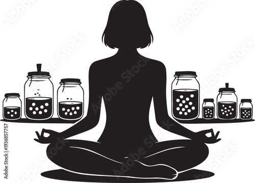 Woman meditating in lotus pose surrounded by jars with ingredients